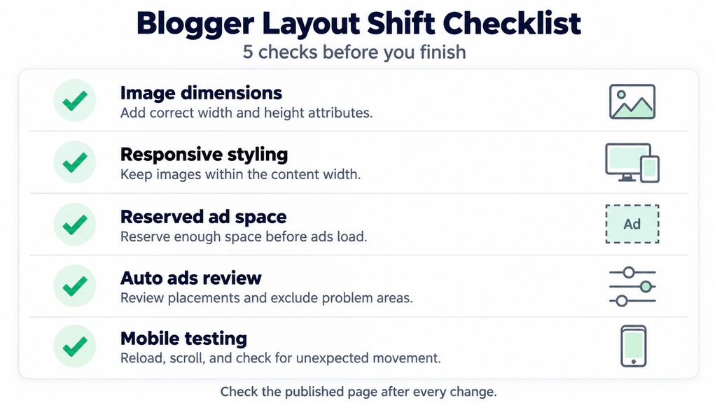 Blogger layout shift checklist covering image dimensions, responsive styling, reserved ad space, Auto ads review, and mobile testing.