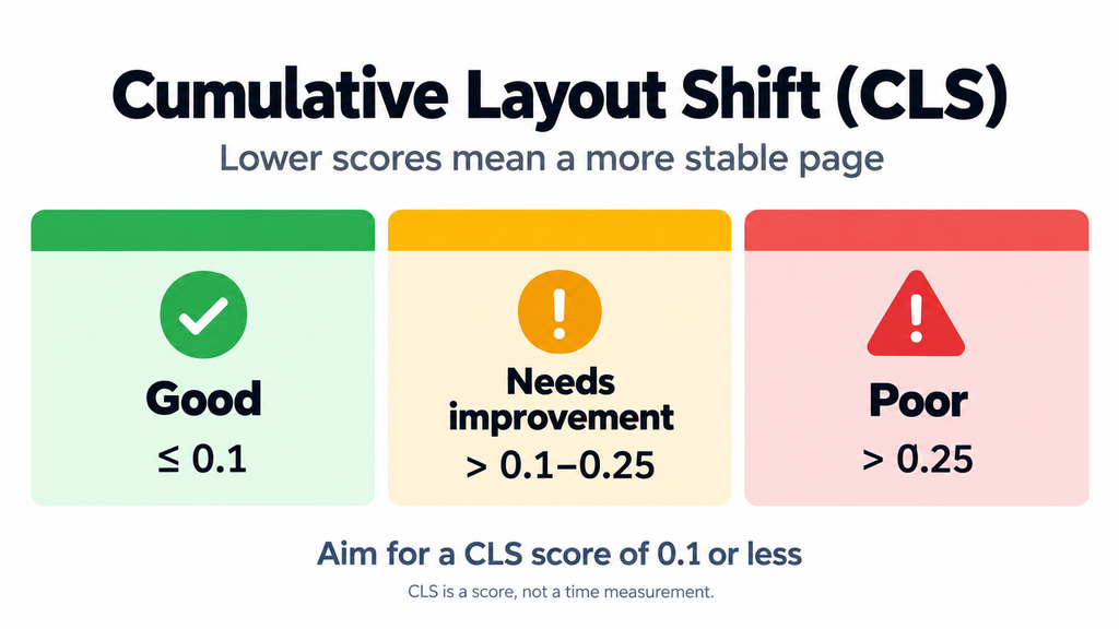 CLS score ranges: good at 0.1 or below, needs improvement above 0.1 through 0.25, and poor above 0.25.