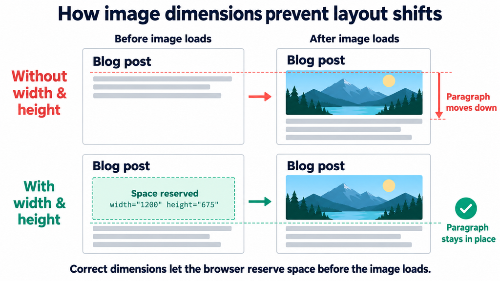 Before-and-after comparison showing a paragraph shifting when an image loads without dimensions and staying in place when width and height reserve space.