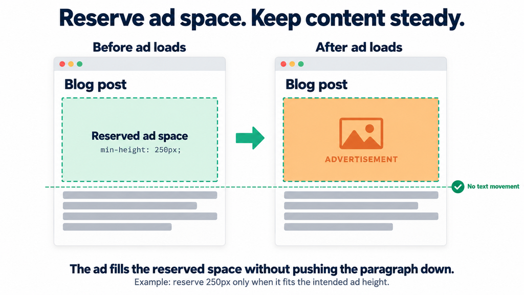 An empty reserved ad box fills with an advertisement while the paragraph beneath it stays in the same position.