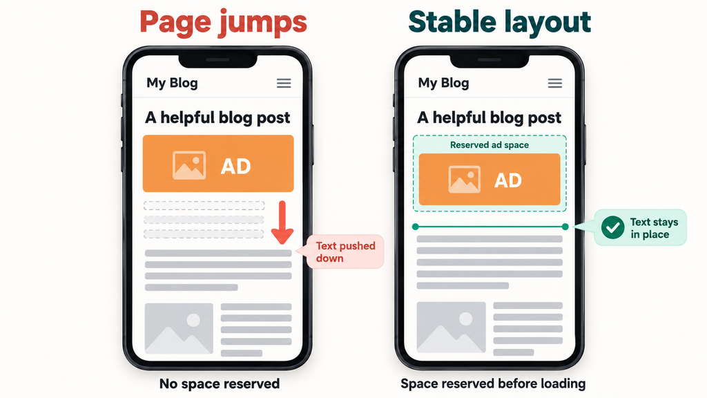 Two mobile screens comparing an ad pushing text down with a stable layout that reserves ad space before loading.